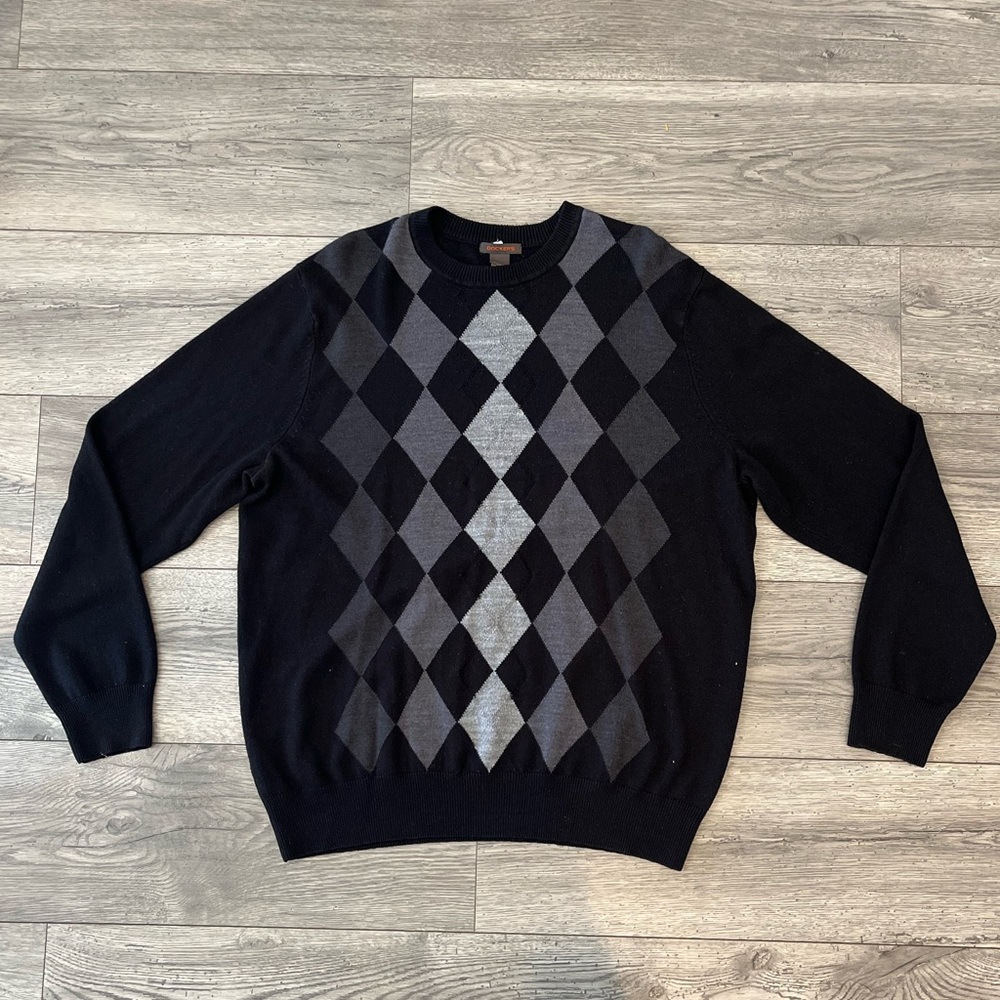 Dockers Men’s Argyle Sweater Crewneck Grandpa Country Club Preppy Black Gray XL
